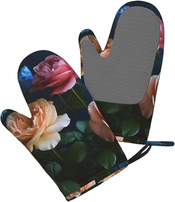 Garden Roses Print Oven Mitts Set of 2, Heat Resistant Silicone Oven Mittens - Image 3