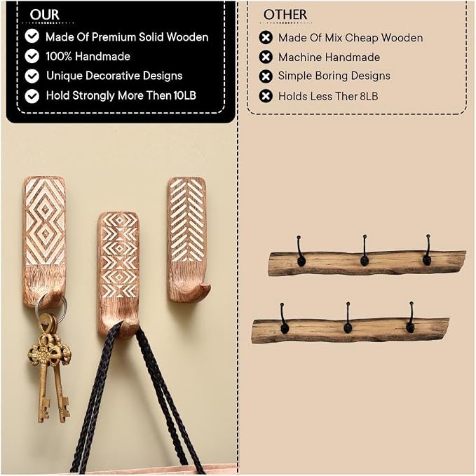 IndianShelf 10 LB- 12 Pieces Decorative Wood Adhesive Wall Hooks–Boho Peel and - Image 3