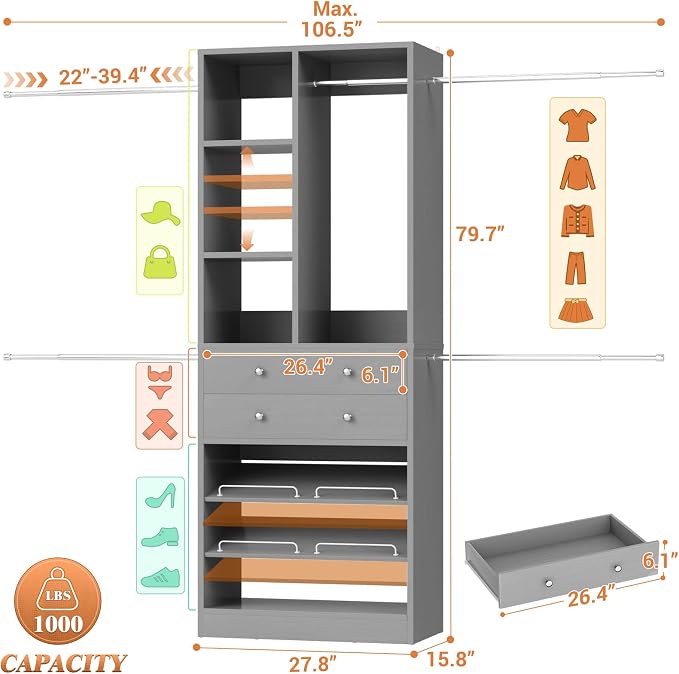 Besiost Closet System, 4.2–8.8 FT Closet Organizer - Image 8