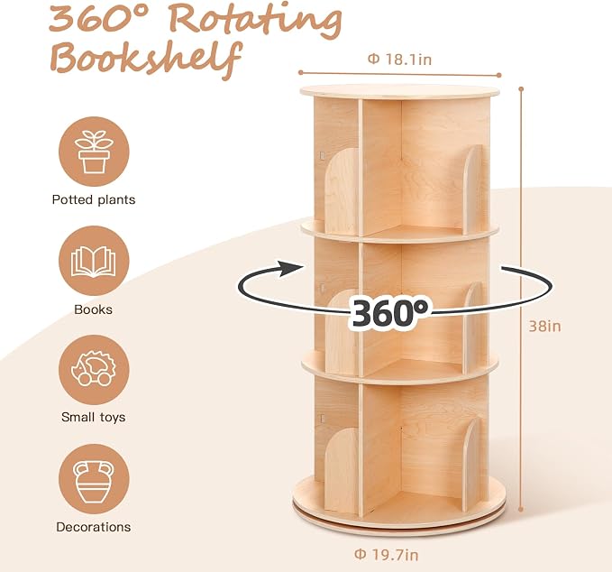 OOOK Kids Rotating Bookshelf Tower, 3 Tier Spinning Floor Standing Montessori - Image 2