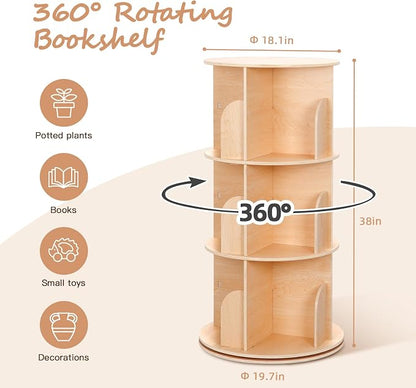 OOOK Kids Rotating Bookshelf Tower, 3 Tier Spinning Floor Standing Montessori - Image 2