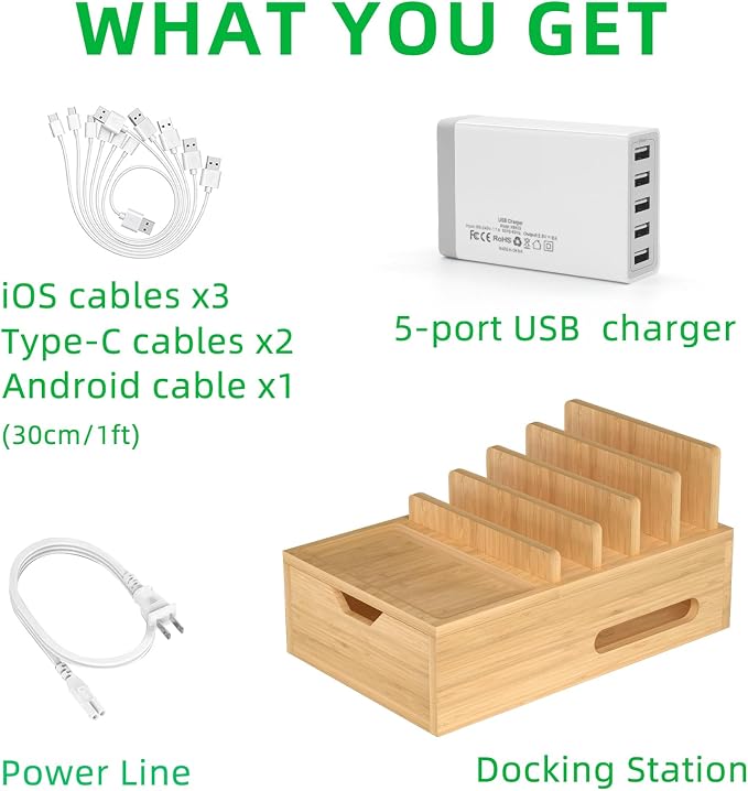 Bamboo Charging Station for Multiple Devices, Desktop Charger Organizer - Image 5