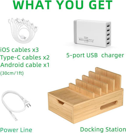 Bamboo Charging Station for Multiple Devices, Desktop Charger Organizer - Image 5