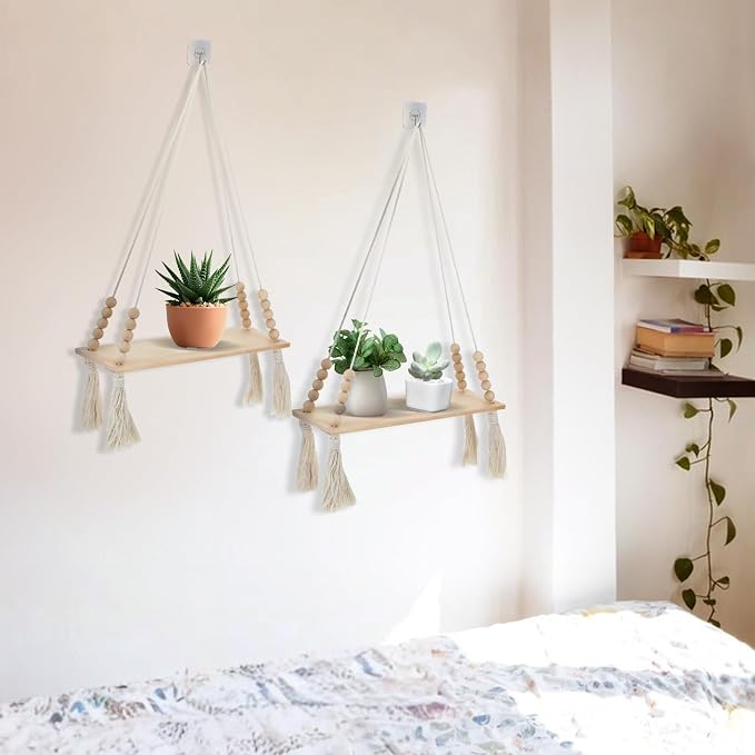 2 Pcs Wooden Wall Hanging Shelves, Macrame Hanging Plant Shelf - Image 7