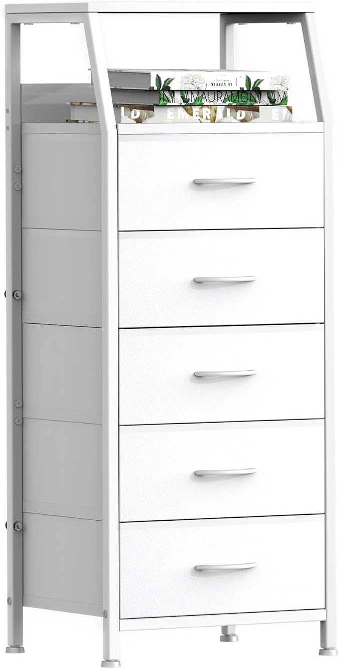5 Drawers White Tall Fabric Dresser by Ollieroo