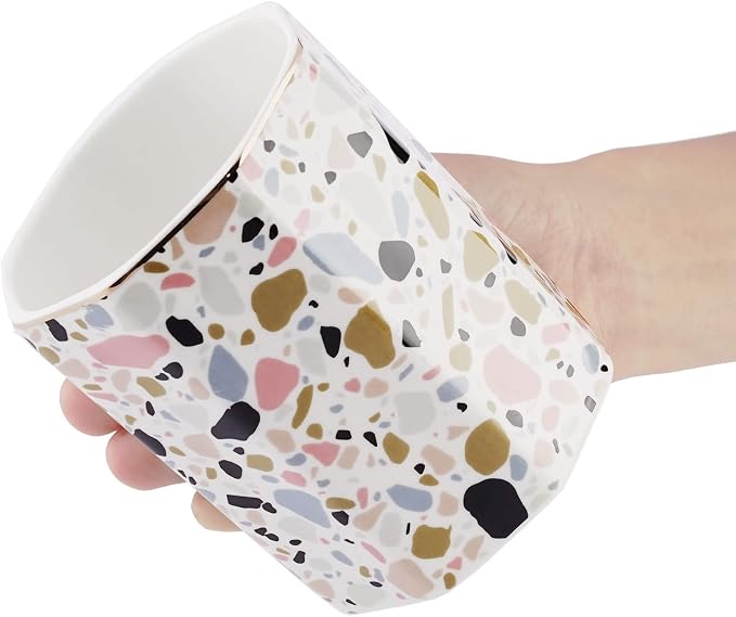 Pen Holder, Makeup Brush Holder Ceramic Shiny Gold Terrazzo Marble Stone - Image 2