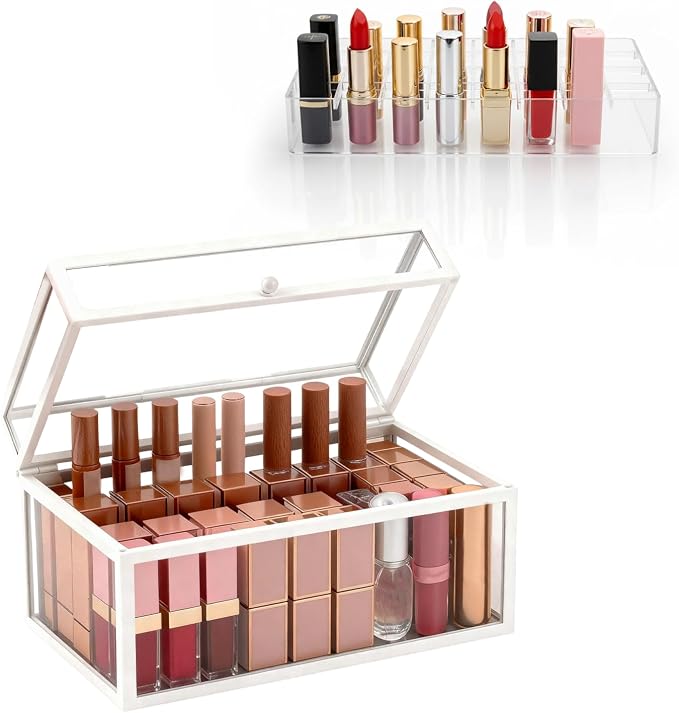 40 Lipsticks Organizer with Lid, Glass Display Box Fits Large Perfume & Skincare by Krdrgey
