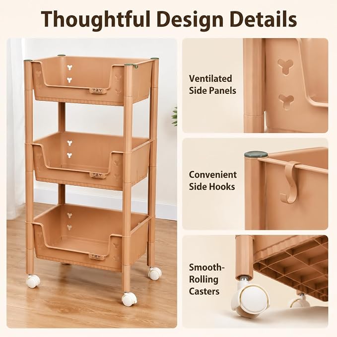 3 Tier Cart for Classroom, Khaki Resin Rolling Storage Cart, Mobile Utility Cart - Image 5