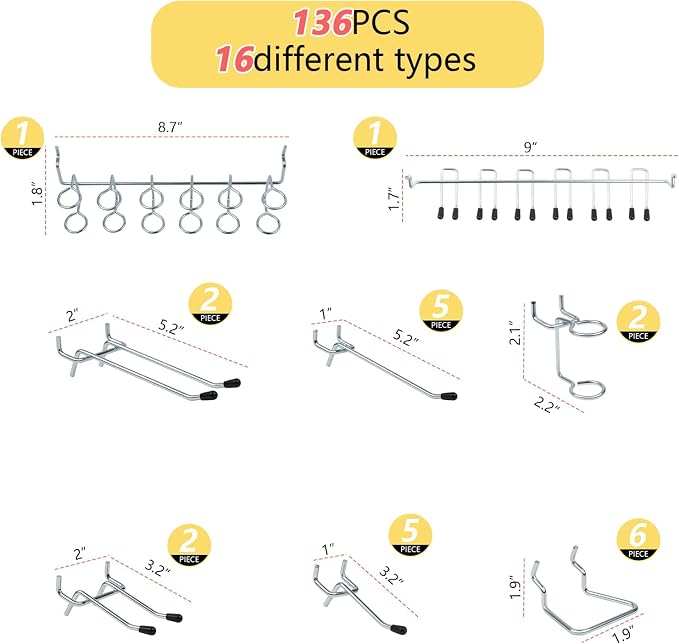 136PCS Metal Pegboard Hooks Organizer Kit - Image 2