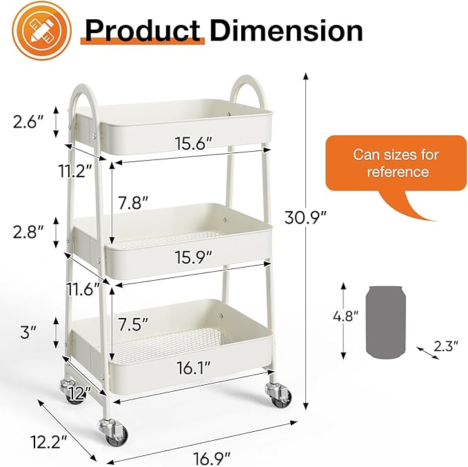 NEWBULIG 3-Tier Metal Rolling Cart - Image 4