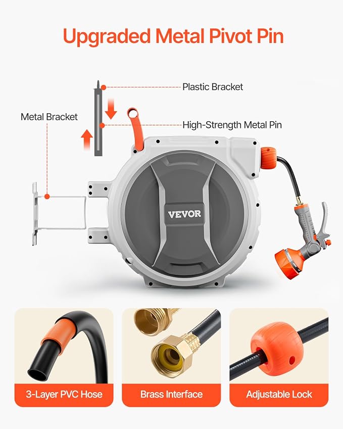 VEVOR Retractable Garden Hose Reel, 5/8 Inch x 100 ft Wall Mounted Hose Reel - Image 5