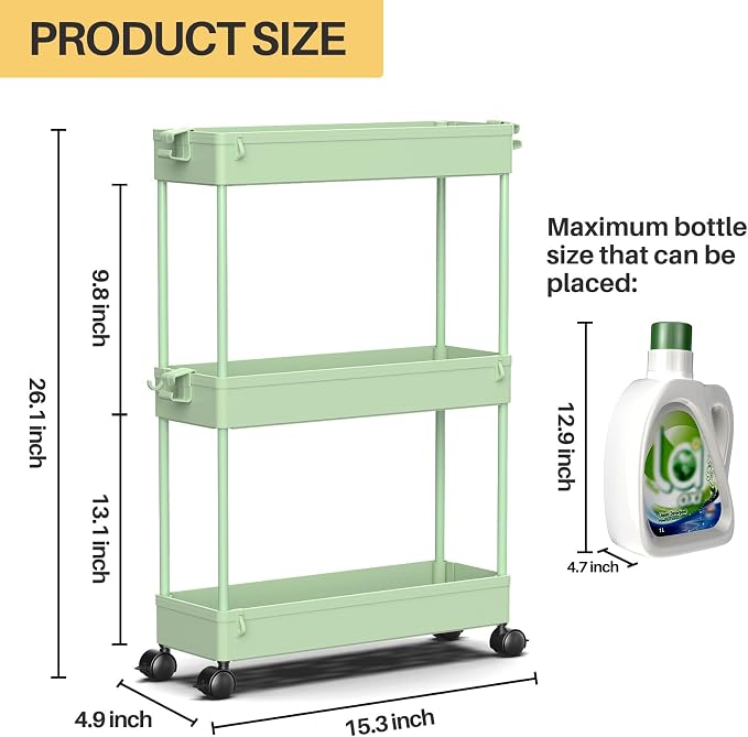 SPACEKEEPER Slim Rolling Storage Cart, 3 Tier Bathroom Organizer Utility Cart - Image 7