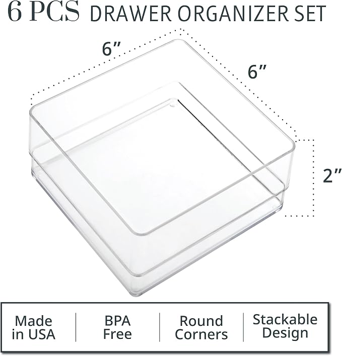 STORi SimpleSort 6-Piece Stackable Clear Drawer Organizer Set | 6" x 6" x 2" - Image 2