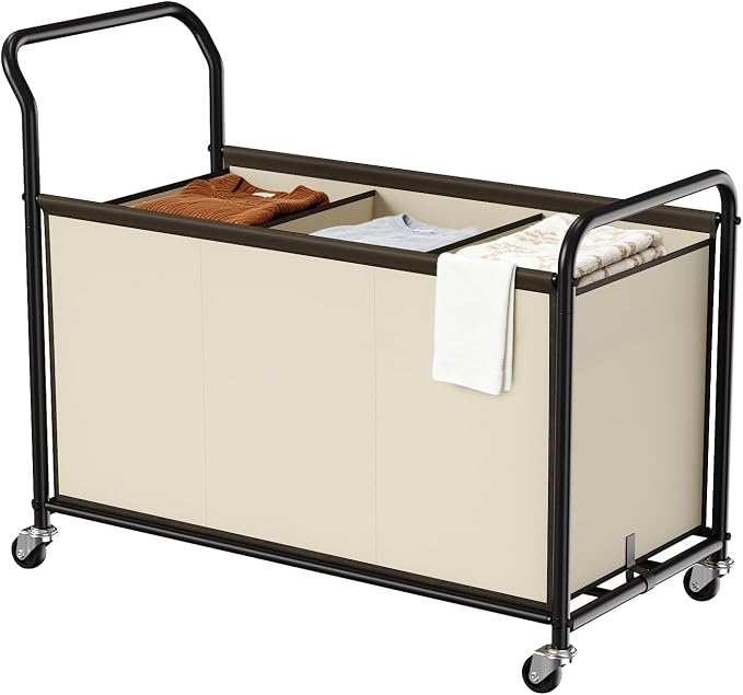 3-Section Rolling Laundry Hamper, 40 Gal Laundry Sorter Cart by Kntiwiwo