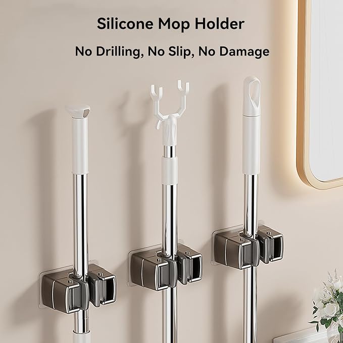 4 Pack Heavy Duty Mop Holder Wall Mount, Strong Adhesive Hanger - Image 7