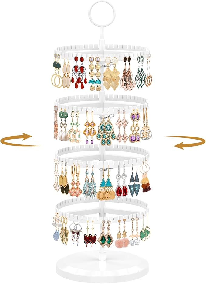 MODOWEY Rotating Earring Holder Organizer Adjustable Display, 4 Tiers White | by MODOWEY