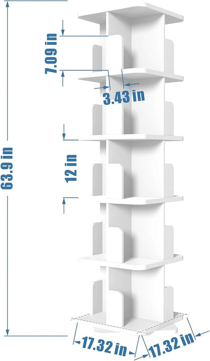 MHOM White Rotating Bookshelf, 360 Display 5 Tier Rotating Bookshelf Tower - Image 2