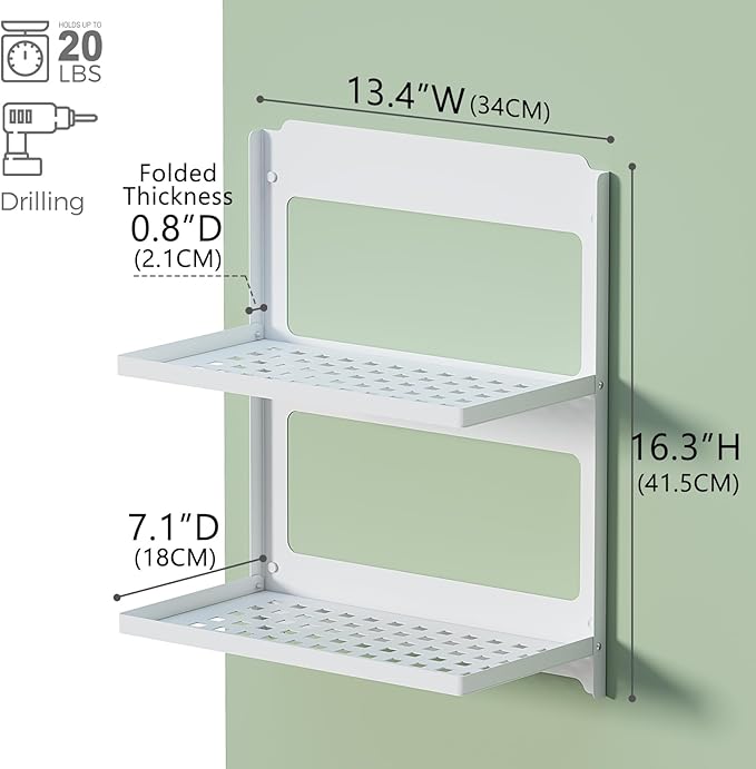2-Tier Folding Metal Wall Shelf | Wall Mounted Stackable Floating Shelves | - Image 2