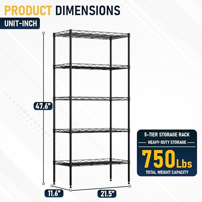 FDW 5 Tier 22L x 12W x 48H Pantry Shelves Adjustable Storage Rack Metal Shelf - Image 3