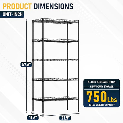 FDW 5 Tier 22L x 12W x 48H Pantry Shelves Adjustable Storage Rack Metal Shelf - Image 3