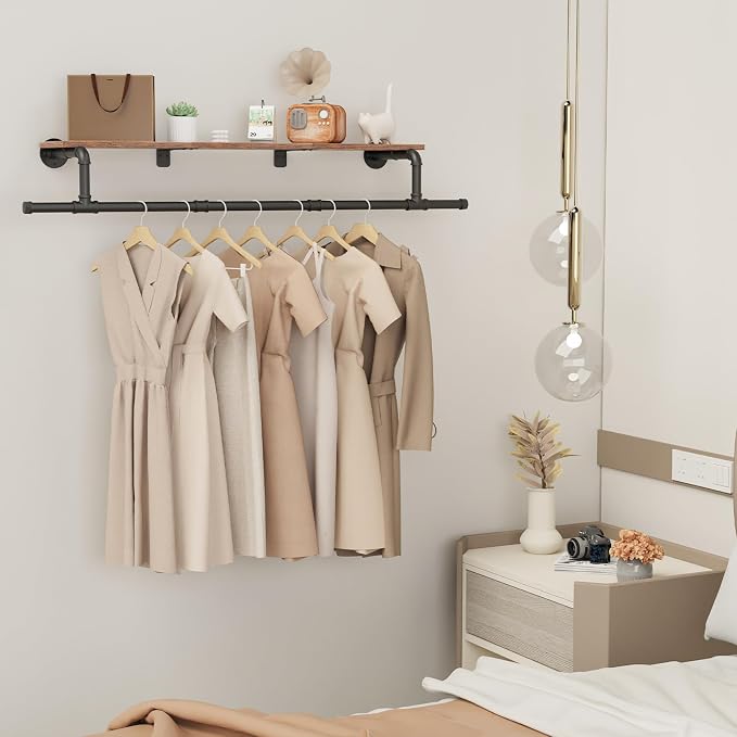 Wooden, Space Saver Wall Mounted Garment Rack, Heavy Duty Iron Industrial Pipe - Image 2