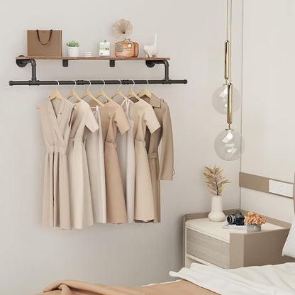 Wooden, Space Saver Wall Mounted Garment Rack, Heavy Duty Iron Industrial Pipe - Image 2