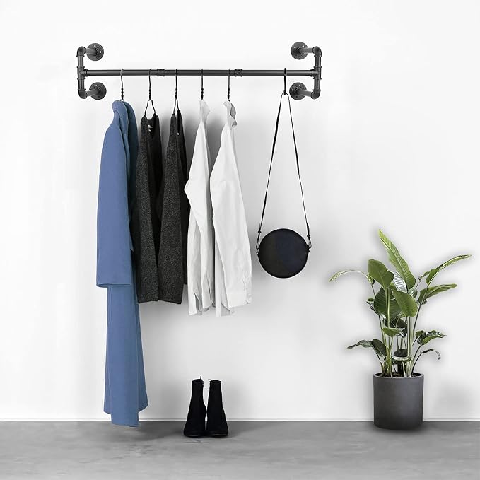 54” Wall Mounted Clothes Rack, Industrial Pipe Black Iron Garment Bar, - Image 5