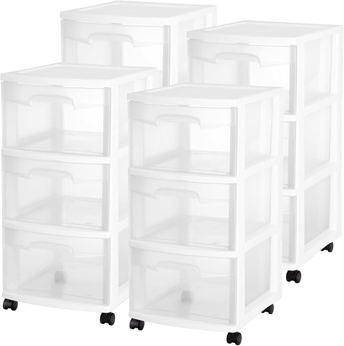 Sterilite 4 Pack Plastic Storage Organizer, 3 Drawer Rolling Bin Cart, Closet by Sterilite
