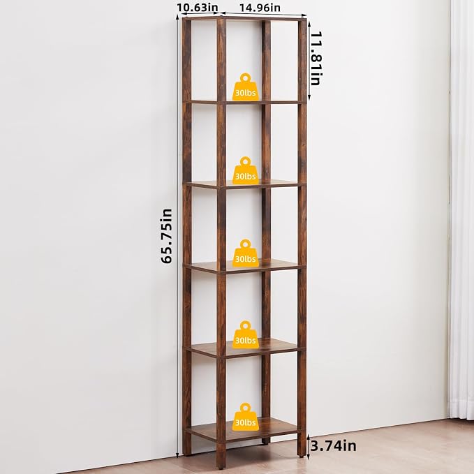 YUFAM 6 Tier Tall Skinny Bookshelf, Narrow Bookcase, Wooden Shelf, Narrow Shelf - Image 2