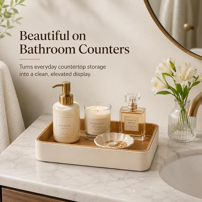 GORESE Rectangle Perfume Tray for Dresser, PU Leather Jewelry Tray for Vanity - Image 5