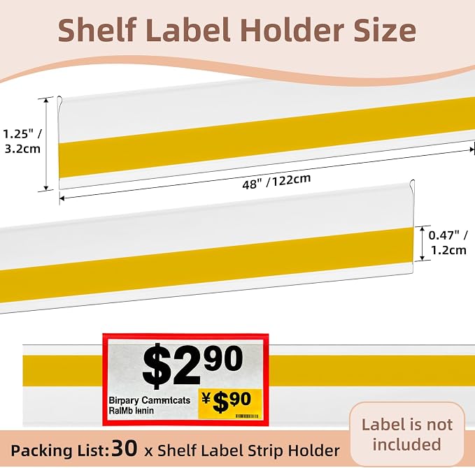 30 Pcs Shelf Label Strips, 1.25" H x 48" L Shelf Label Holders, Self Adhesive - Image 2