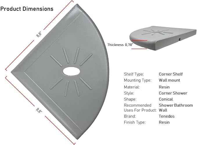 Tenedos Resin Decor 8 Inches Corner Shower Shelf – Light Grey Flatback 9x9 Wall - Image 2