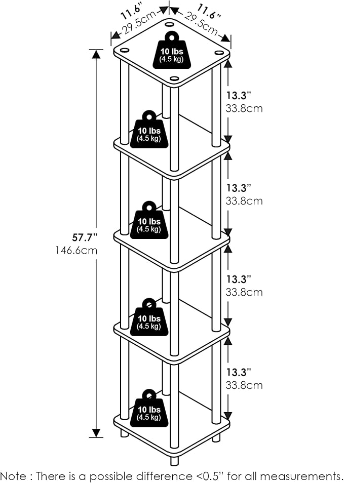 Furinno Turn-N-Tube Storage Shelves, 5-Tier Square Book Shelf, Corner Shelf - Image 3