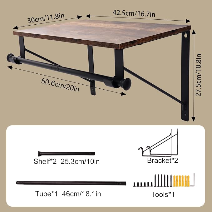 Wall Mounted Shelf with Hanging Rod, Laundry Room Shelves, Space Saving - Image 2
