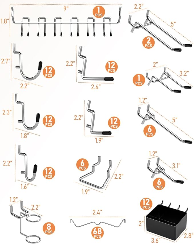 INCLY 170PCS 1/4 Inch Pegboard Hooks Kit, Extra Thick Heavy Duty Peg Board - Image 3