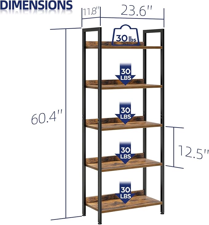 NUMENN Bookshelf, 5 Tier Freestanding Shelving Unit, Vintage | Metal Frame & - Image 3