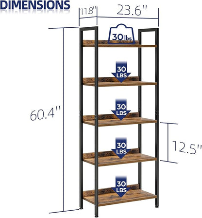 NUMENN Bookshelf, 5 Tier Freestanding Shelving Unit, Vintage | Metal Frame & - Image 3