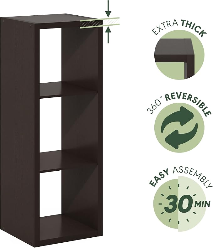 Furinno Cubicle 3-Cube Book Shelf, Extra Thick Frame Bookshelf, Dark Oak | - Image 8