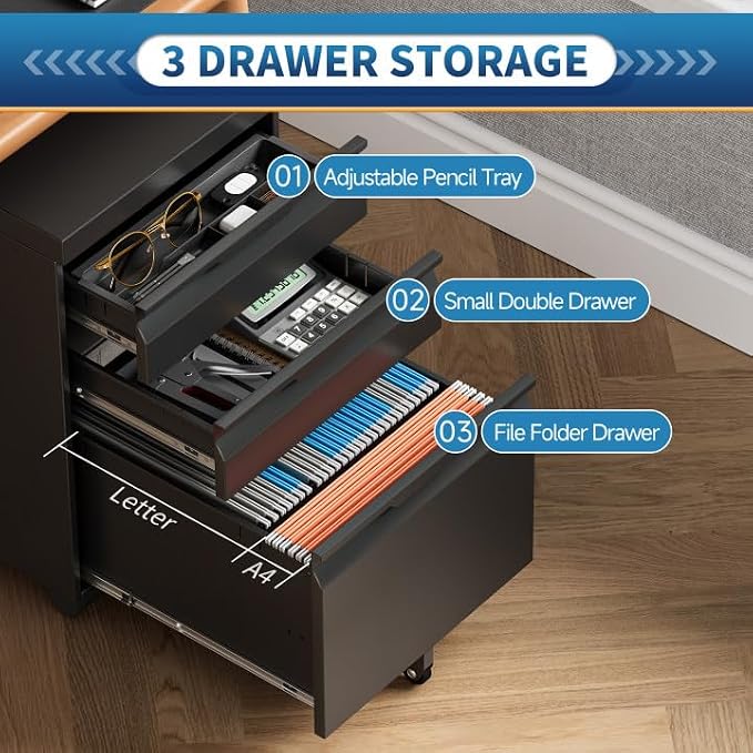 3 Drawer File Cabinet with Lock and Wheels, Rolling File Cabinets with Lock - Image 3