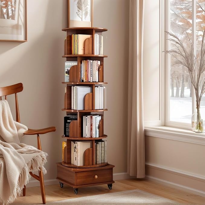 Rotating 360° Corner Bookshelf, 6-Tier Wood Bookcase - Image 3
