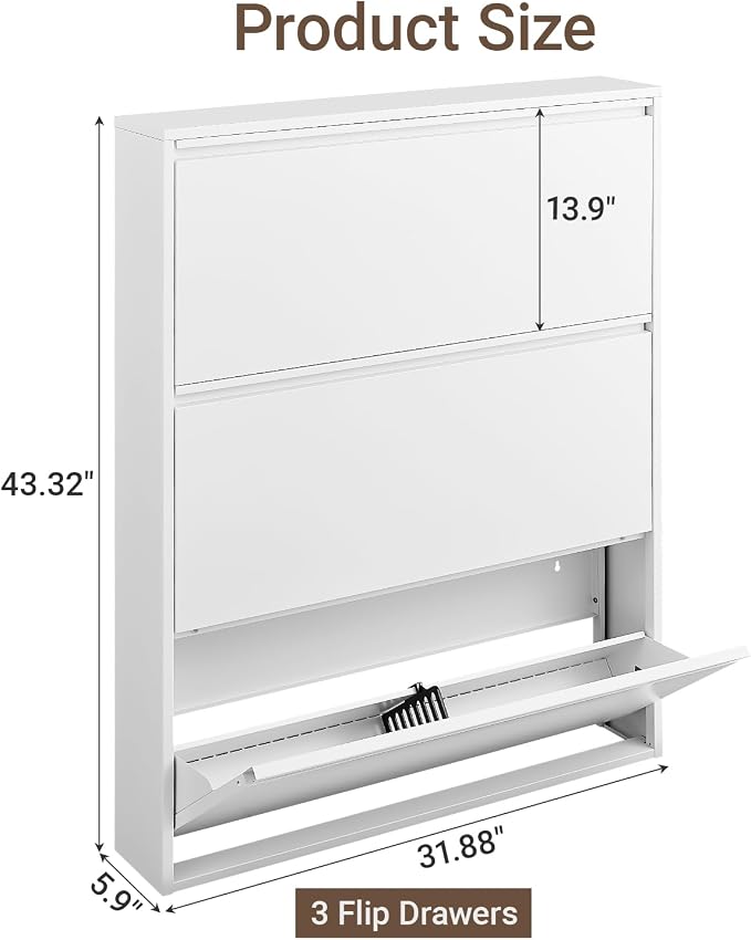 Metal Shoe Cabinet with 3 Flip Drawers, Slim Wall Mounted, Hallway and Mudroom - Image 2