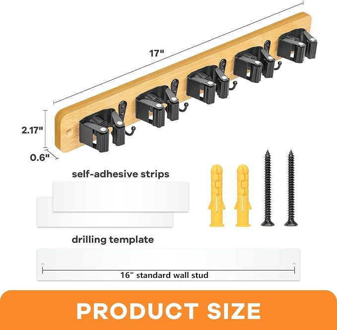 IMILLET Broom Holder Wall Mount, Bamboo Broom Hanger - Image 6