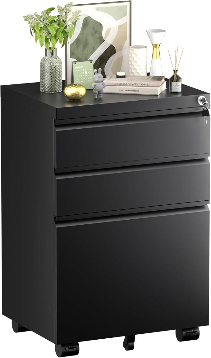 Bonusall 3 Drawer Black File Cabinet, Fully Assembled Metal Rolling Filing - Image 9