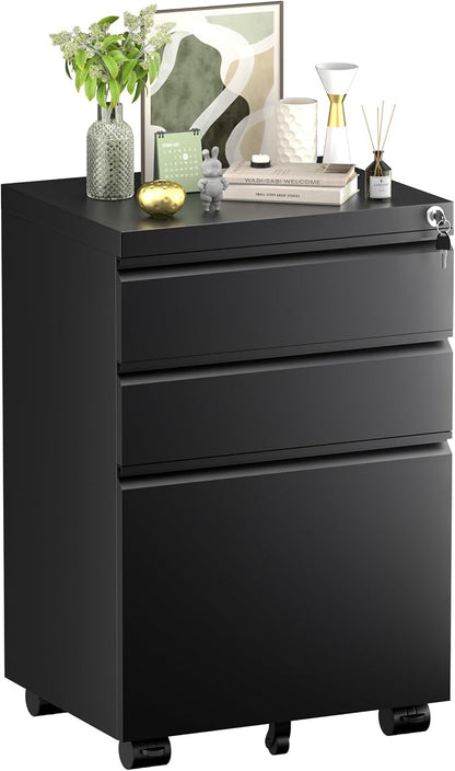 Bonusall 3 Drawer Black File Cabinet, Fully Assembled Metal Rolling Filing - Image 9