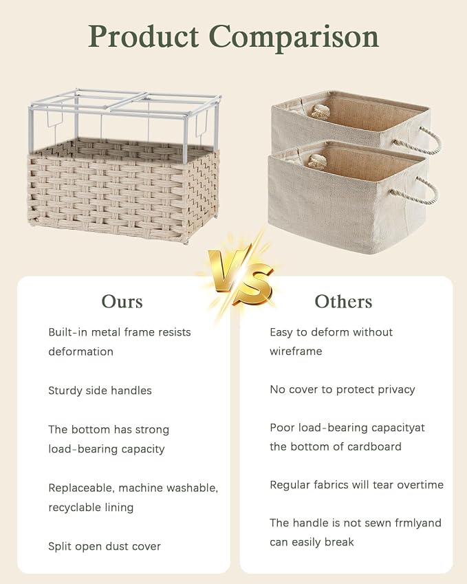 SETVSON Storage Basket with Lid, 2-Lid PE Rattan Storage Bin, Light Khaki | - Image 8
