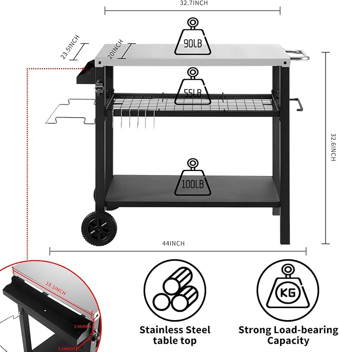 Grill Cart Table with Three Shelf, Movable Outdoor Dining Cart Pizza Oven Stand - Image 5