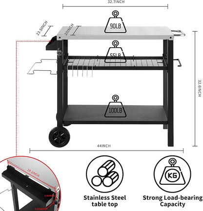 Grill Cart Table with Three Shelf, Movable Outdoor Dining Cart Pizza Oven Stand - Image 5