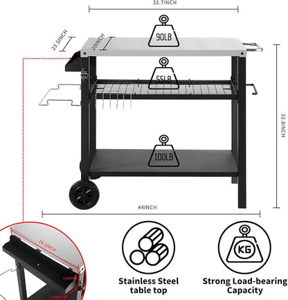 Dining Cart Table with Three Shelf, Movable Outdoor BBQ Grill Table Pizza Oven - Image 4