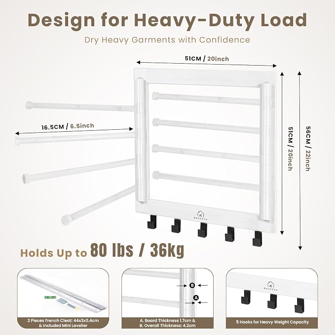 Bamboo Wall Mount Drying Rack for Laundry – Collapsible Foldable Clothes Dryer - Image 6