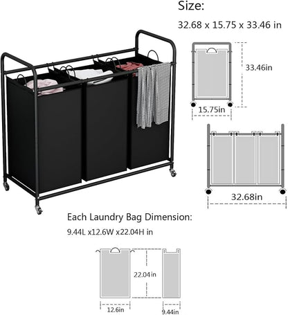 LINZINAR 3-Bag Laundry Basket Hamper Laundry Sorter Cart laundry room - Image 5